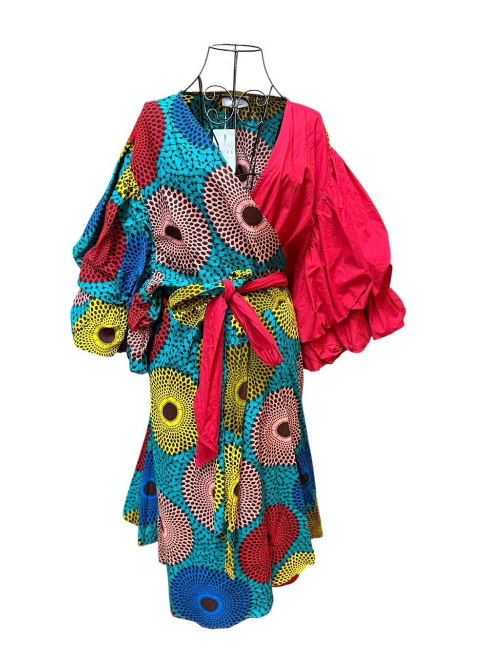 NWT Tribe of Dumo Vibrant Ankara Wrap Dress with Red Puff Sleeve 4XL